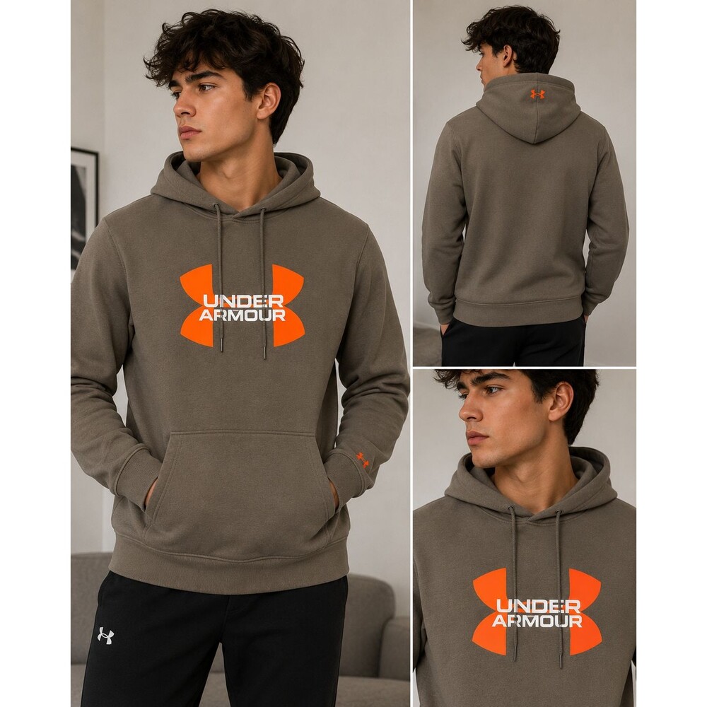 Under Armour Men’s XL Hoodie Brown Orange Big Logo Pullover Sweatshirt NWT